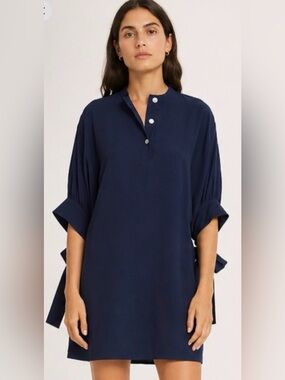 Club Monaco Tie Sleeve Shirtdress Navy Size 8 Gold Button Shift Dress